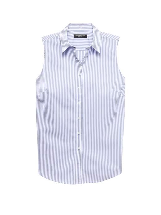 Banana Republic Womens Riley Tailored-fit Sleeveless Super-stretch Shirt Light Blue Stripe Size 8