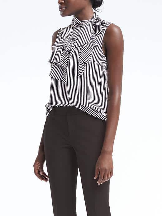 Banana Republic Womens Stripe Tie Neck Ruffle Shell - Navy Uniform
