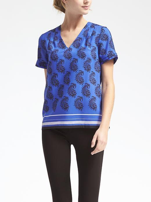 Banana Republic Womens Paisley Pleat Sleeve Top - Royal Blue