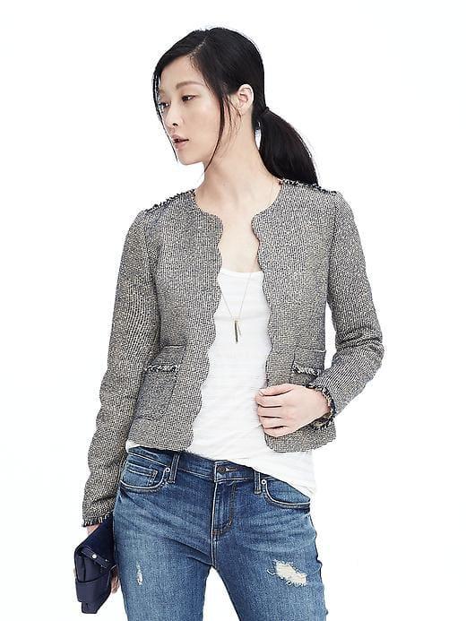 Banana Republic Scalloped Tweed Collarless Jacket - Blue