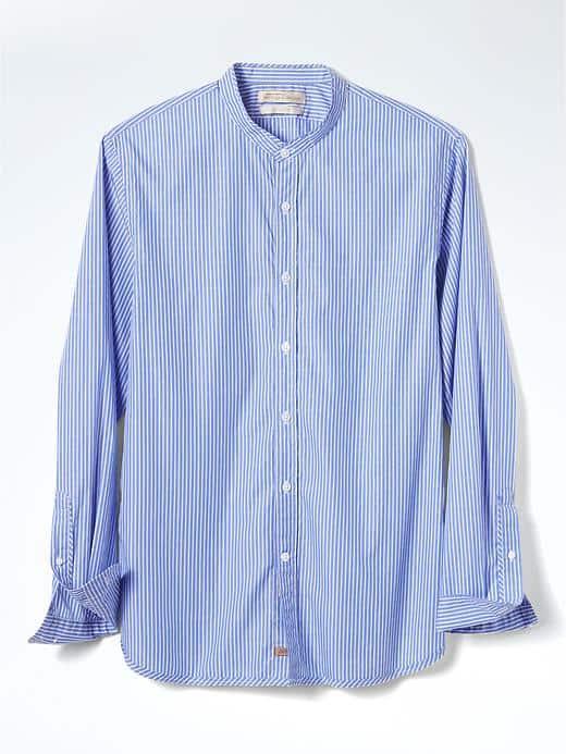 Banana Republic Mens Heritage Grant Fit Stripe Banded Collar Shirt - Cascade Blue