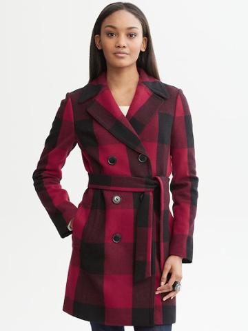 Banana Republic Buffalo Plaid Belted Wool Blend Coat