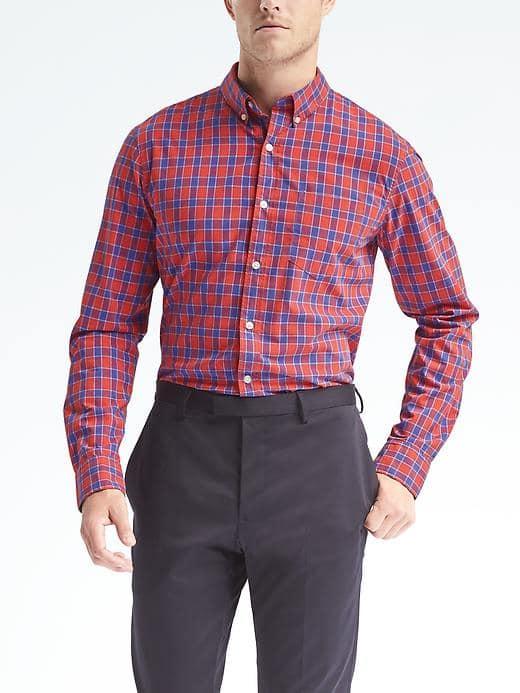 Banana Republic Mens Grant Fit Custom Wash Micro Check Shirt - Purple Fig