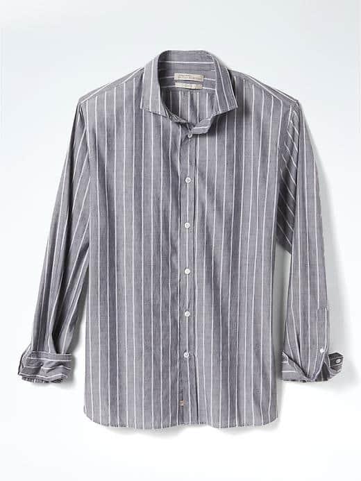 Banana Republic Mens Heritage Grant Fit Stripe Linen Blend Shirt - Light Gray