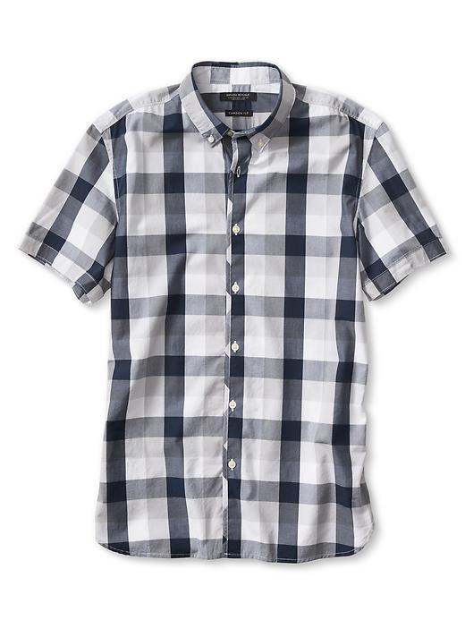 Banana Republic Mens Camden Fit Gingham Short Sleeve Custom 078 Wash Shirt Size L Tall - Preppy Navy