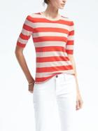 Banana Republic Womens Stripe Silk Cashmere Elbow Sleeve Pullover - Bright Coral