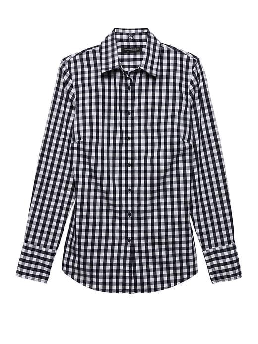 Banana Republic Womens Petite Riley Tailored-fit Gingham Super-stretch Shirt Navy Size 00
