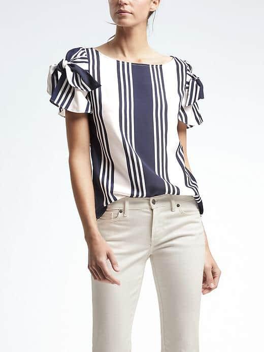 Banana Republic Womens Easy Care Stripe Bow Sleeve Top - Navy