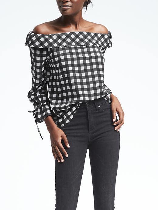 Banana Republic Easy Care Gingham Off Shoulder Top - Black