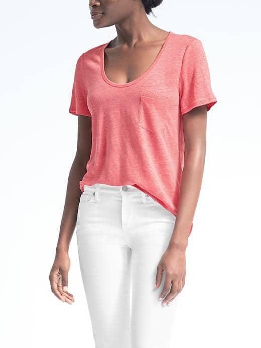 Banana Republic Womens Short Sleeve Linen Signature Scoop Tee - Coral Glory