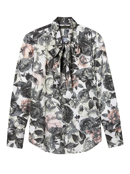 Banana Republic Womens Floral Tie Neck Shirt - White