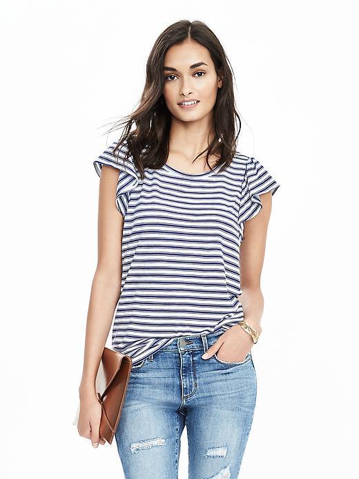Banana Republic Womens Short Sleeve Stripe Flutter Top Size L - White