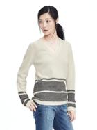 Banana Republic Womens Italian Cashmere Blend Striped Vee Neck Sweater - Cocoon