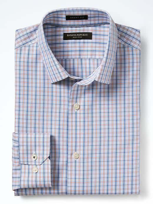 Banana Republic Mens Grant Fit Non Iron Micro Plaid Shirt - Ocean Surf
