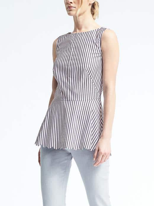 Banana Republic Womens Stripe Scallop Peplum Crew Top - Gray Stripe