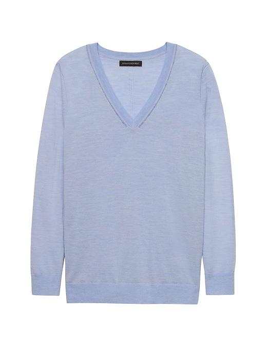 Banana Republic Womens Petite Machine-washable Merino Vee Sweater Heather Light Blue Size Xs