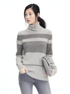 Banana Republic Womens Italian Cashmere Blend Striped Turtleneck Sweater - Light Gray
