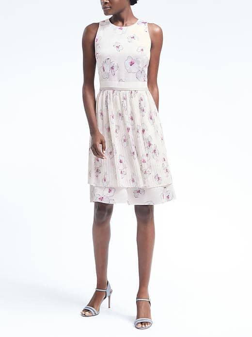 Banana Republic Womens Pleated Overlay Fit And Flare Dress - White Print