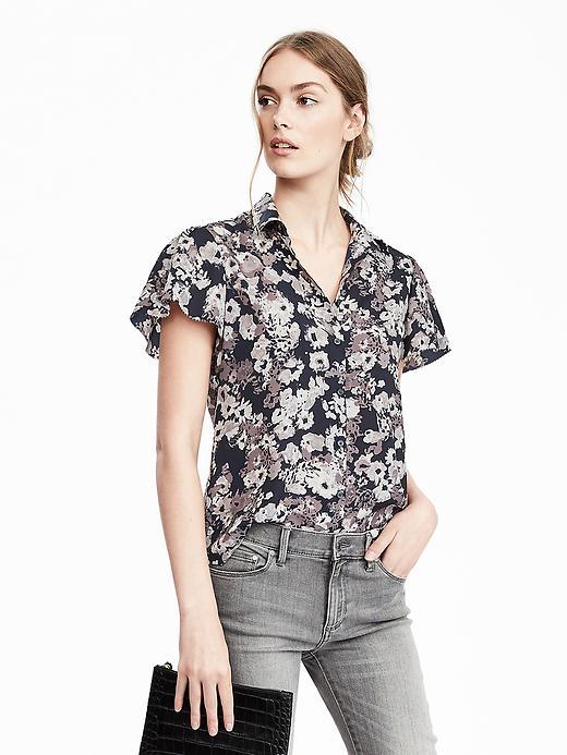 Banana Republic Womens Floral Flutter Sleeve Shirt Size L - Preppy Navy