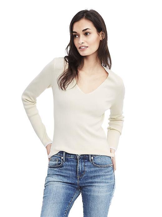 Banana Republic Womens Italian Silk Cotton Ribbed Vee Pullover - Cocoon