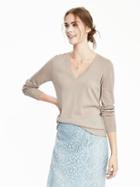 Banana Republic Womens Extra Fine Merino Wool Pointelle Vee Pullover Size L - Stone