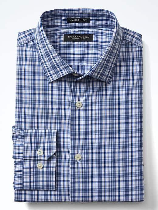 Banana Republic Mens Camden Fit Supima Cotton Small Plaid Shirt - Comet Blue