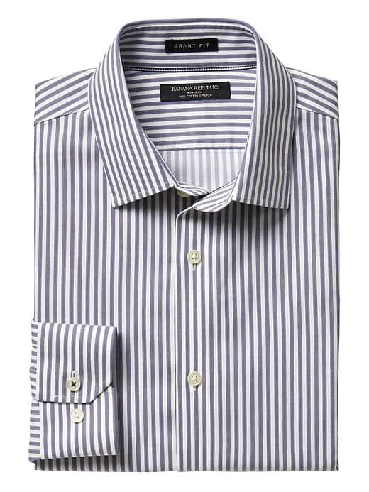 Banana Republic Mens Grant Slim Fit Non Iron Stretch Stripe Shirt - Riviera Blue