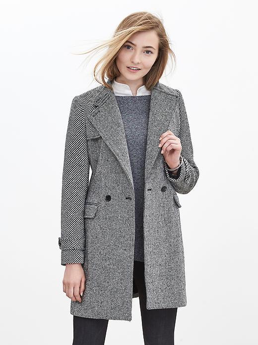 Banana Republic Mixed Tweed Double Breasted Coat Size L Petite - Black/white