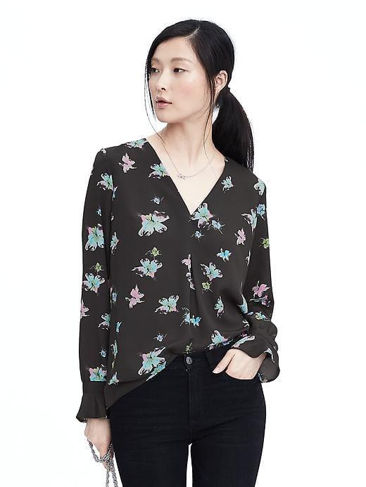 Banana Republic Vee Neck Flounce Sleeve Blouse - Flint Gray