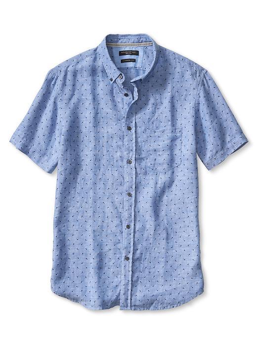 Banana Republic Mens Camden Fit Geo Linen Short Sleeve Shirt Size L Tall - Marina Blue
