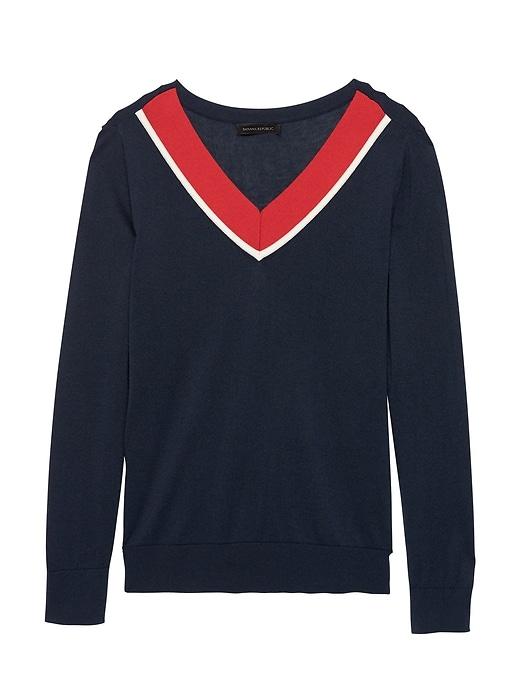 Banana Republic Womens Silk Cashmere Varsity V-neck Sweater Red Navy Size M