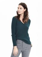Banana Republic Womens Italian Cashmere Blend Seamless Ribbed Vee Pullover - Emerald Green