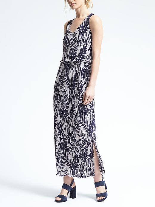 Banana Republic Womens Fern Print Layered Pleat Maxi Dress - Navy Combo