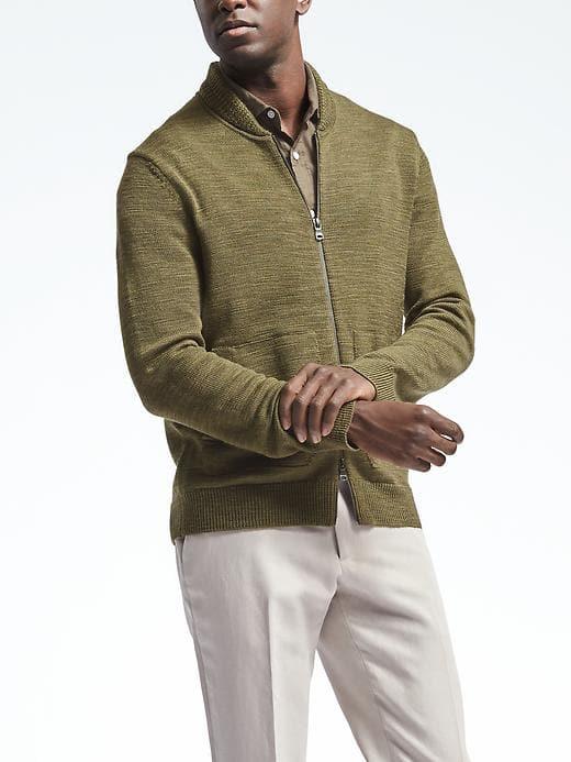 Banana Republic Mens Heritage Merino Bomber Sweater - Olive Heather