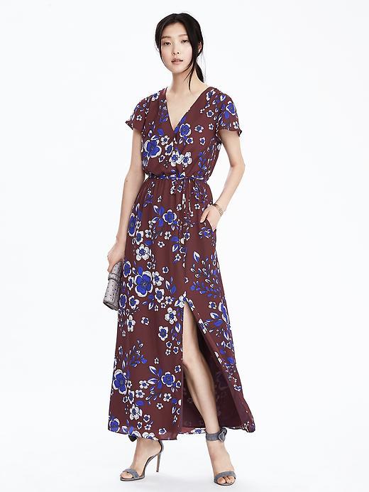 Banana Republic Womens Floral Maxi Dress Size L Petite - Bright Bordeaux Hh41