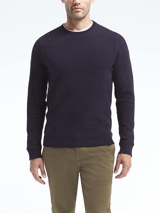 Banana Republic Mens Long Sleeve Waffle Crew Pullover - Navy