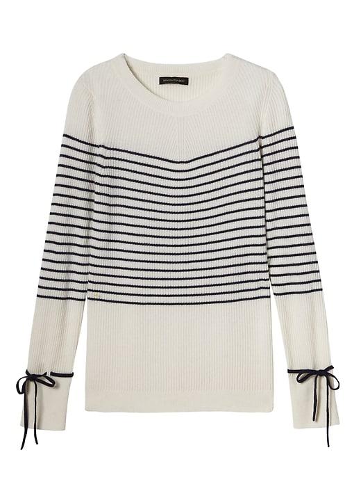 Banana Republic Womens Italian Superloft Stripe Ribbed Tie-sleeve Crew Ivory Size Xl