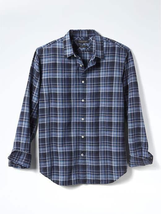 Banana Republic Mens Grant Fit Linen Blend Blue Madras Shirt - Antique Blue