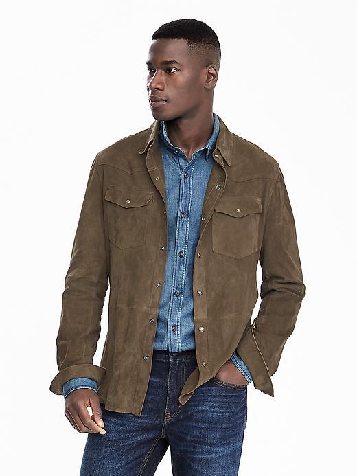Banana Republic Mens Suede Shirt Jacket Size L Tall - Tan/dk Amber