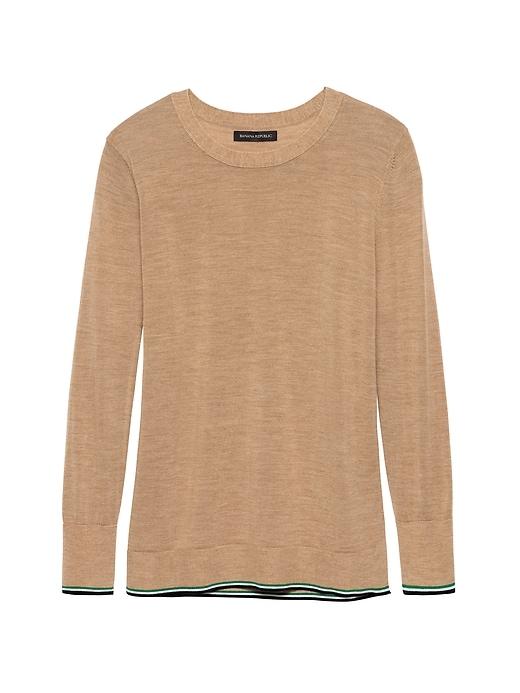 Banana Republic Womens Petite Machine-washable Merino Crew Sweater Camel With Emerald, Navy & White Accent Size L