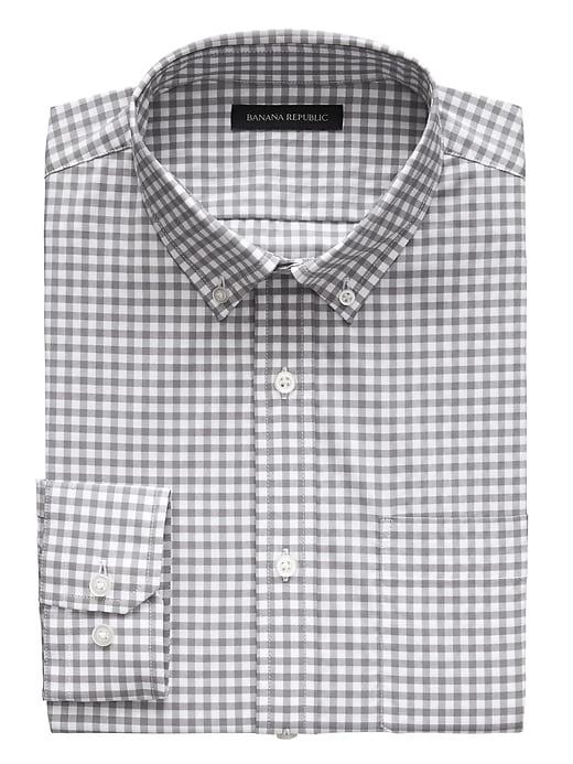 Banana Republic Mens New Slim-fit Tech-stretch Cotton Gingham Shirt Heather Gray Size Xl