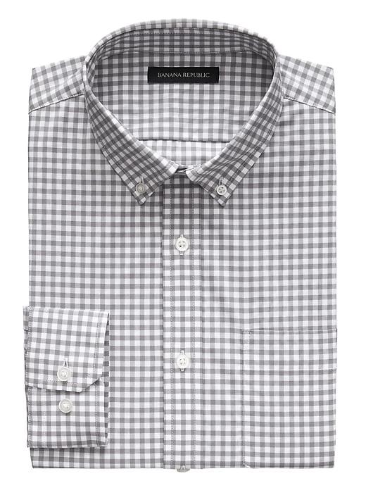 Banana Republic Mens New Slim-fit Tech-stretch Cotton Gingham Shirt Heather Gray Size Xl