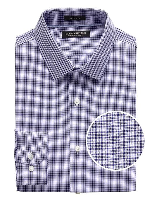Banana Republic Mens Grant Slim-fit Non-iron Tattersall Grid Dress Shirt Blue Galaxy Size Xs
