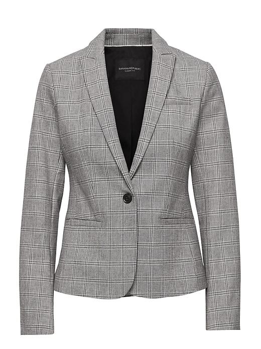 Banana Republic Womens Classic-fit Bi-stretch Plaid Blazer Light Gray Size 12