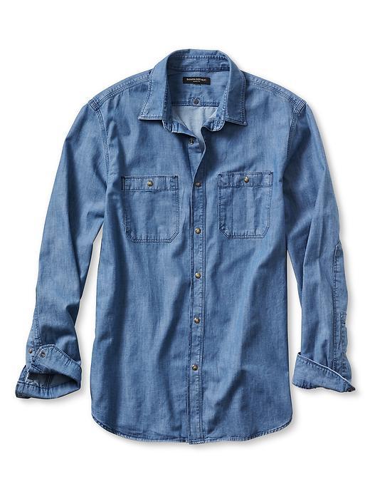 Banana Republic Mens Tailored Slim Fit Light Denim Snap Shirt Size L Tall - Indigo