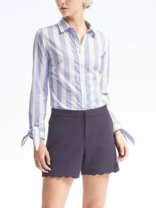 Banana Republic Womens Riley Fit Bow Cuff Stripe Shirt - Light Blue