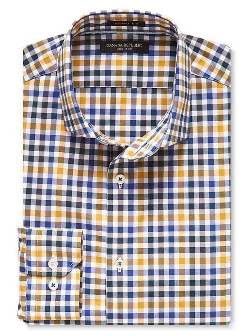 Banana Republic Mens Camden-fit Supima Cotton Tri-tone Gingham Shirt Gold Yellow Size M