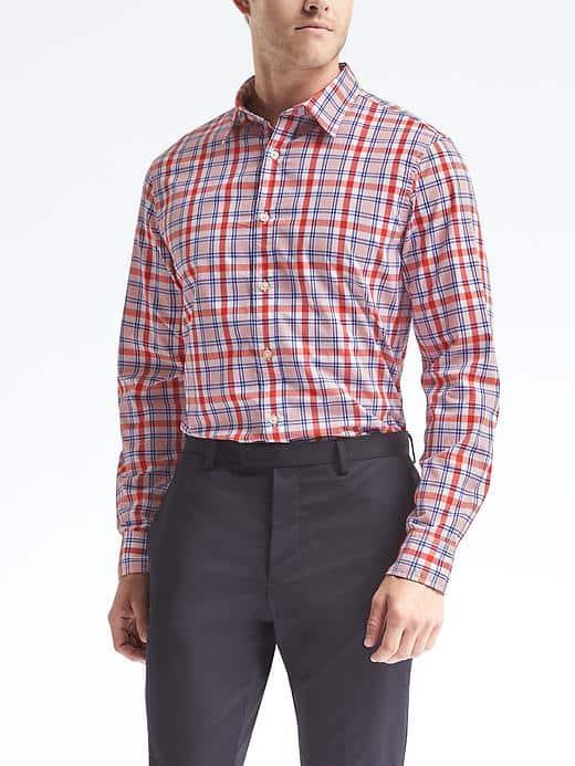 Banana Republic Mens Camden Fit Custom Wash Plaid Shirt - True Red