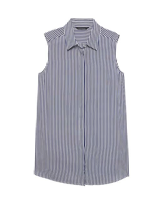 Banana Republic Womens Life In Motion Parker Tunic-fit Stripe Washable Silk Sleeveless Shirt With Crossover Back Navy Stripe Size M