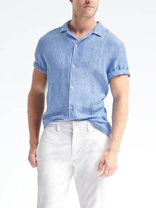 Banana Republic Mens Camden Fit Linen Short Sleeve Shirt - Light Blue